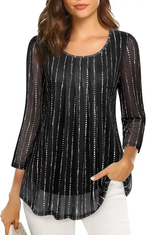 VALOLIA Women's 3/4 Sleeve Tunic Tops Casual Loose Fit Floral Blouses Mesh Pleated Layered Shirt