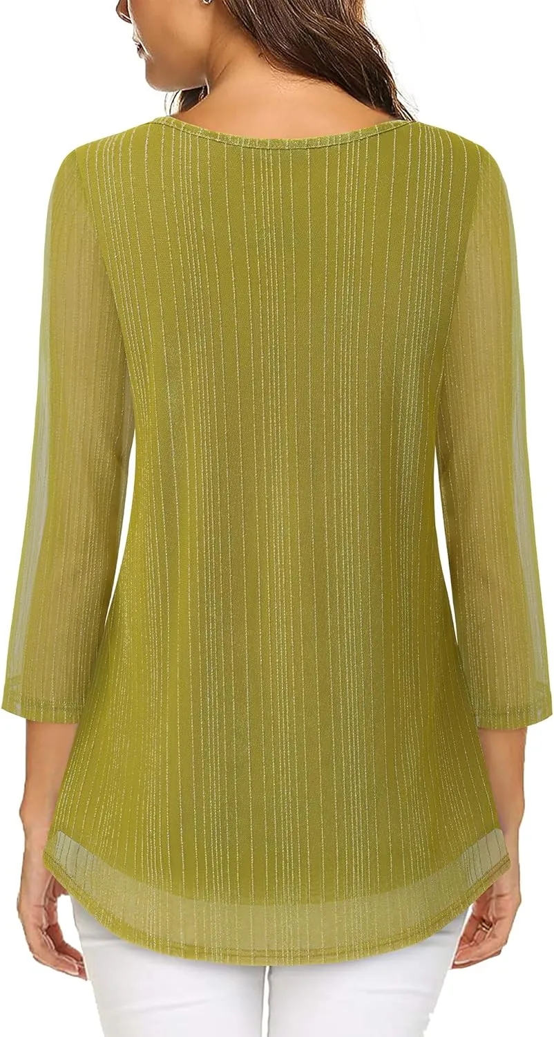 VALOLIA Women's 3/4 Sleeve Tunic Tops Casual Loose Fit Floral Blouses Mesh Pleated Layered Shirt