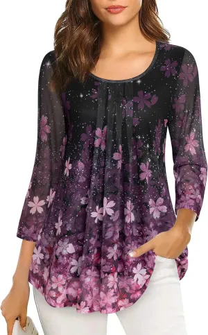 VALOLIA Women's 3/4 Sleeve Tunic Tops Casual Loose Fit Floral Blouses Mesh Pleated Layered Shirt