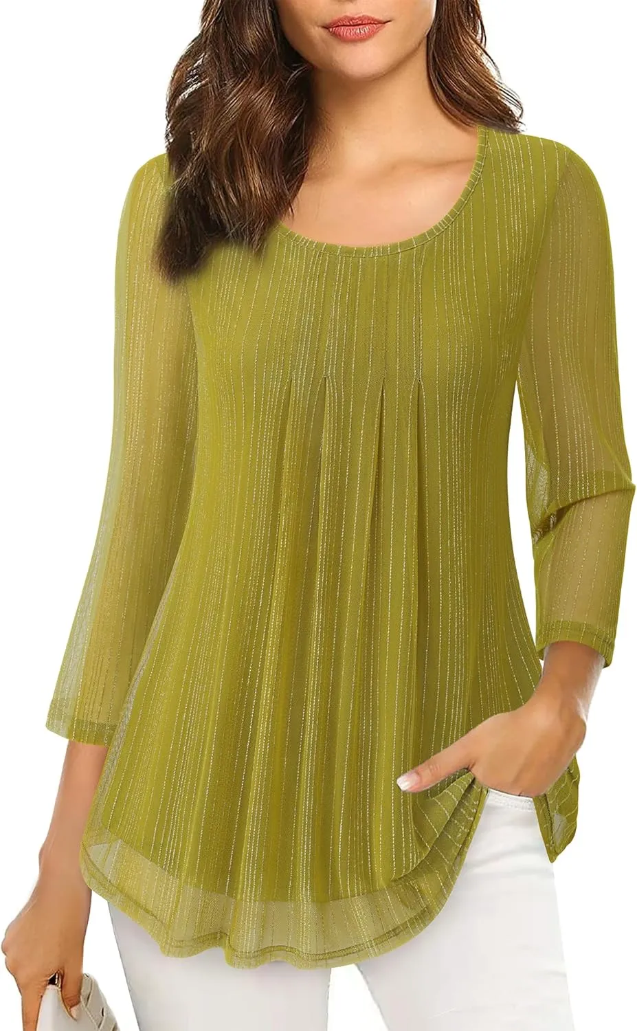 VALOLIA Women's 3/4 Sleeve Tunic Tops Casual Loose Fit Floral Blouses Mesh Pleated Layered Shirt