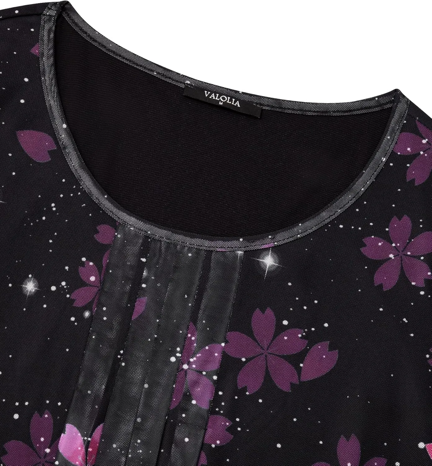 VALOLIA Women's 3/4 Sleeve Tunic Tops Casual Loose Fit Floral Blouses Mesh Pleated Layered Shirt