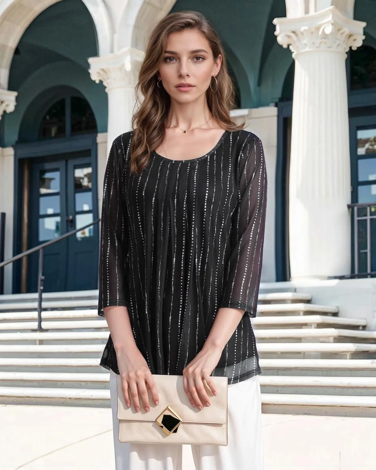 VALOLIA Women's 3/4 Sleeve Tunic Tops Casual Loose Fit Floral Blouses Mesh Pleated Layered Shirt