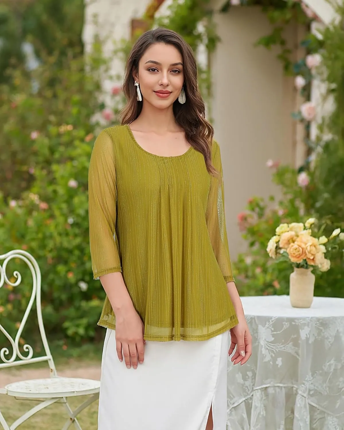 VALOLIA Women's 3/4 Sleeve Tunic Tops Casual Loose Fit Floral Blouses Mesh Pleated Layered Shirt