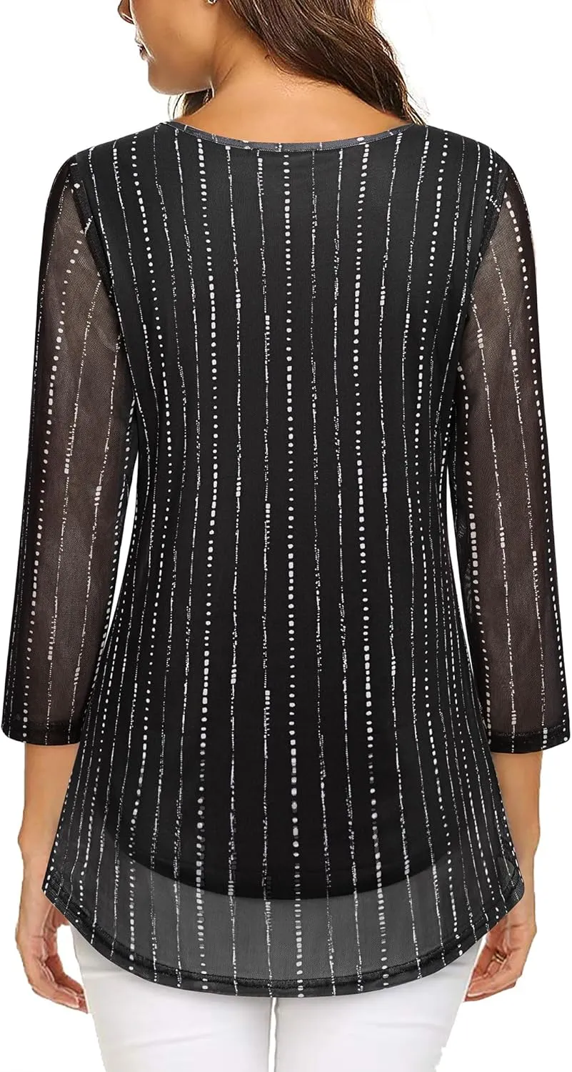 VALOLIA Women's 3/4 Sleeve Tunic Tops Casual Loose Fit Floral Blouses Mesh Pleated Layered Shirt