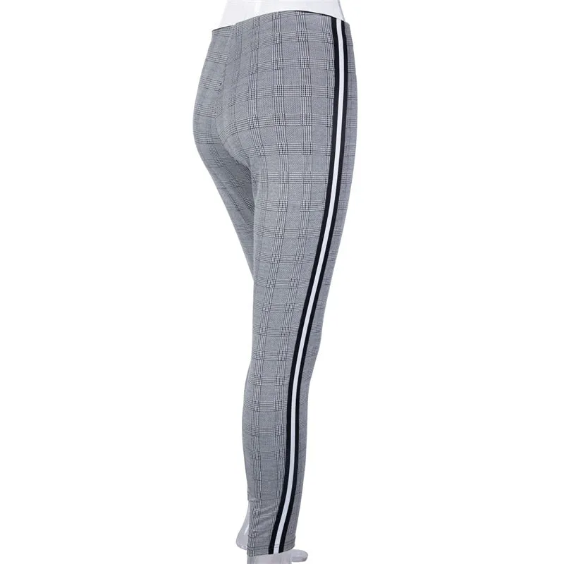 VenusFox Stretchy Side Striped Plaid Pencil Pants