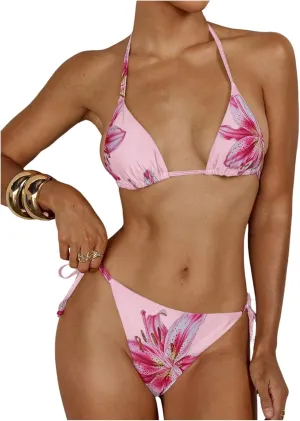 Verdusa Women's Y2K Bikini 2 Piece Cheetah Floral Swimsuit Halter Triangle Tie Side String Bikini Set