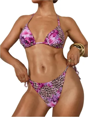 Verdusa Women's Y2K Bikini 2 Piece Cheetah Floral Swimsuit Halter Triangle Tie Side String Bikini Set