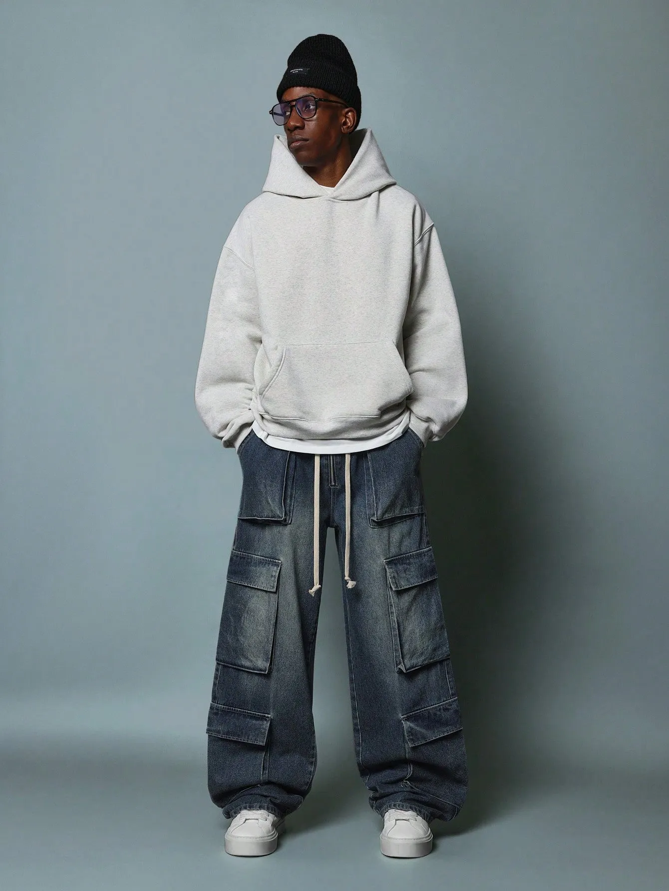Washed Loose Fit Multi Pocket Cargo Jean With Elastic Waistband & Drawcords