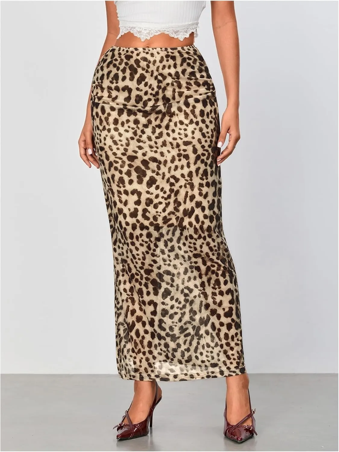 WDIRARA Women's Leopard Print Mesh Skirt Ruched Split Thigh Low Waist Maxi Skirts