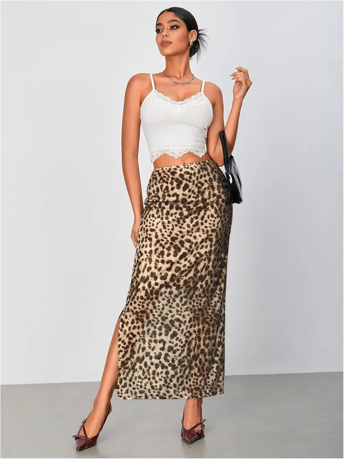 WDIRARA Women's Leopard Print Mesh Skirt Ruched Split Thigh Low Waist Maxi Skirts