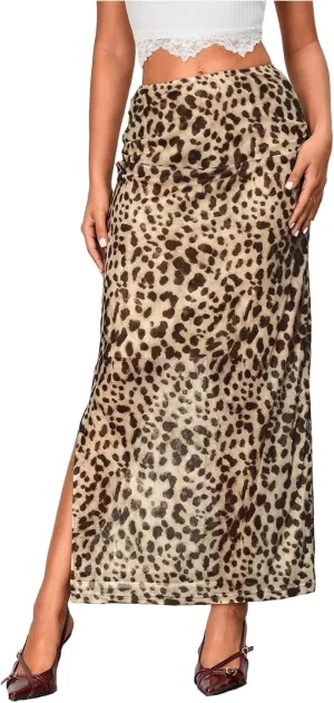 WDIRARA Women's Leopard Print Mesh Skirt Ruched Split Thigh Low Waist Maxi Skirts
