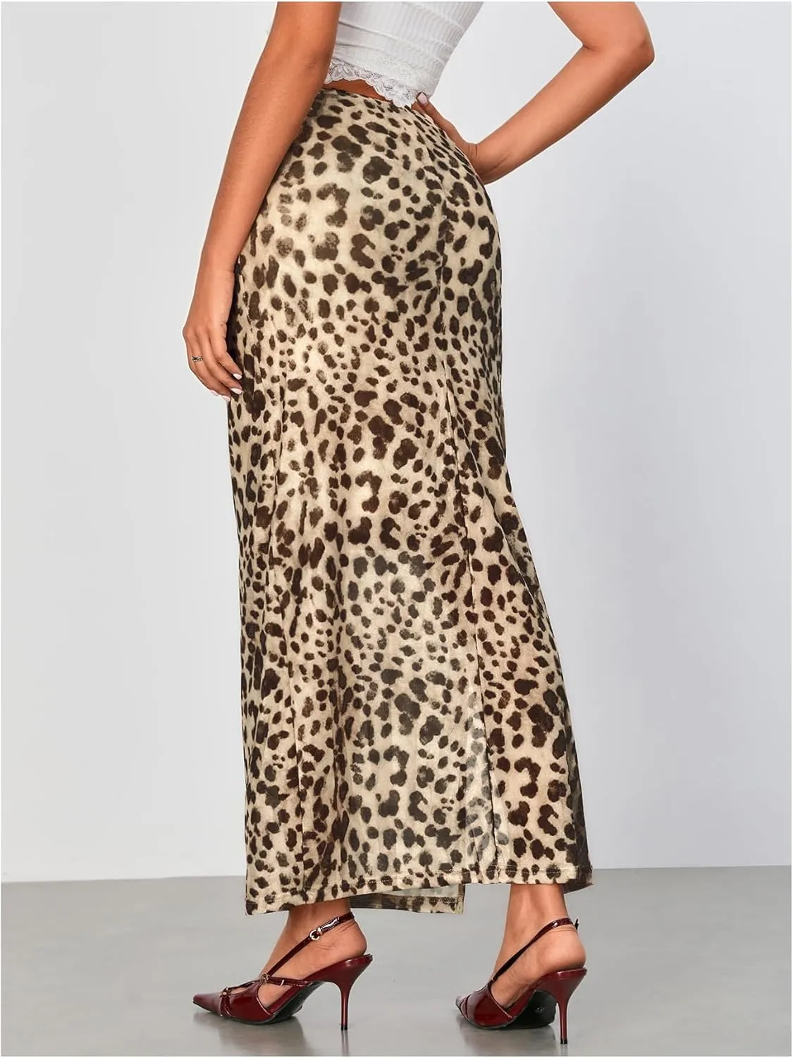 WDIRARA Women's Leopard Print Mesh Skirt Ruched Split Thigh Low Waist Maxi Skirts