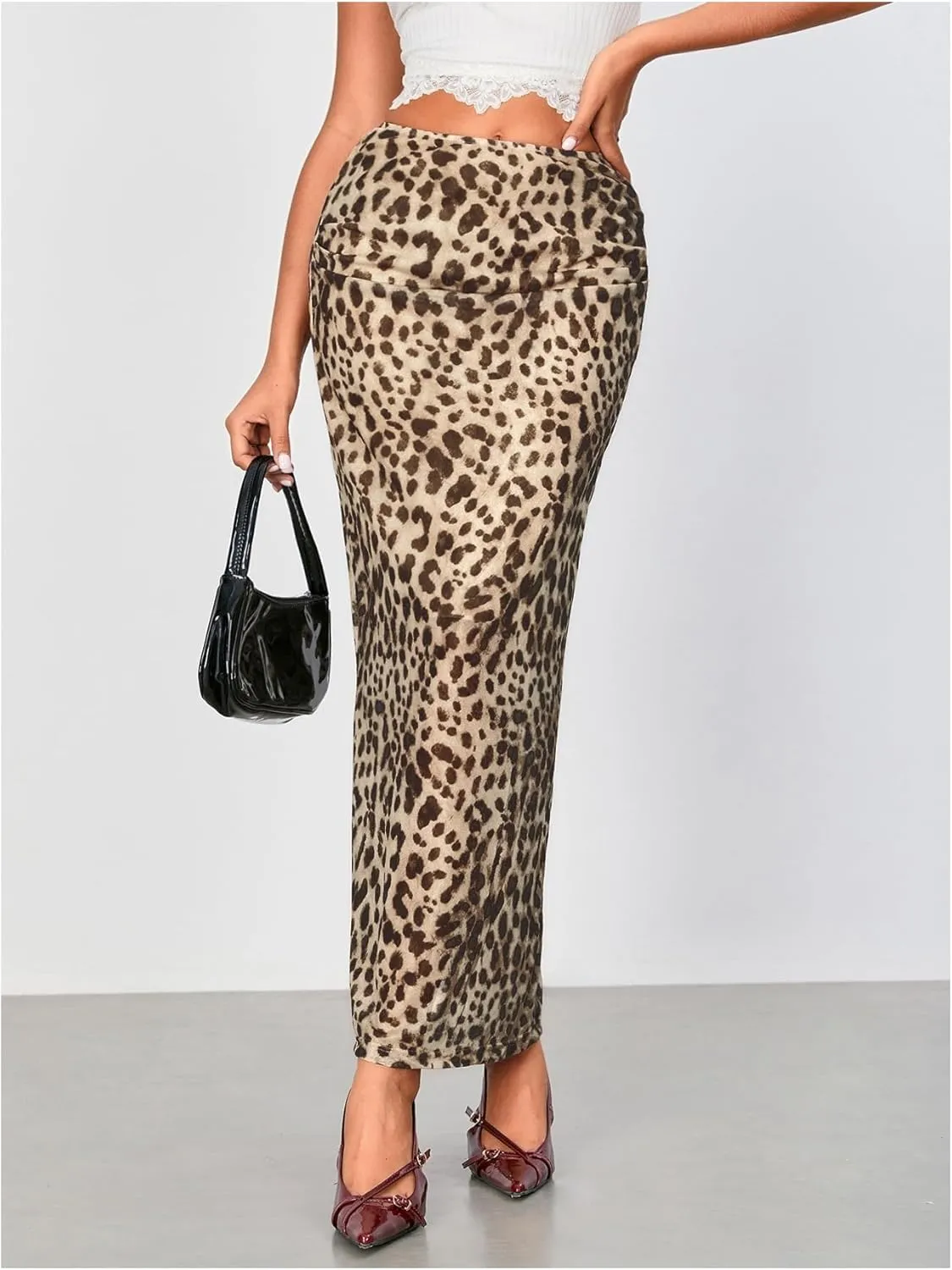 WDIRARA Women's Leopard Print Mesh Skirt Ruched Split Thigh Low Waist Maxi Skirts