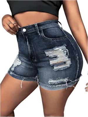 WDIRARA Women's Plus Size High Waist Button Distressed Ripped Casual Denim Shorts