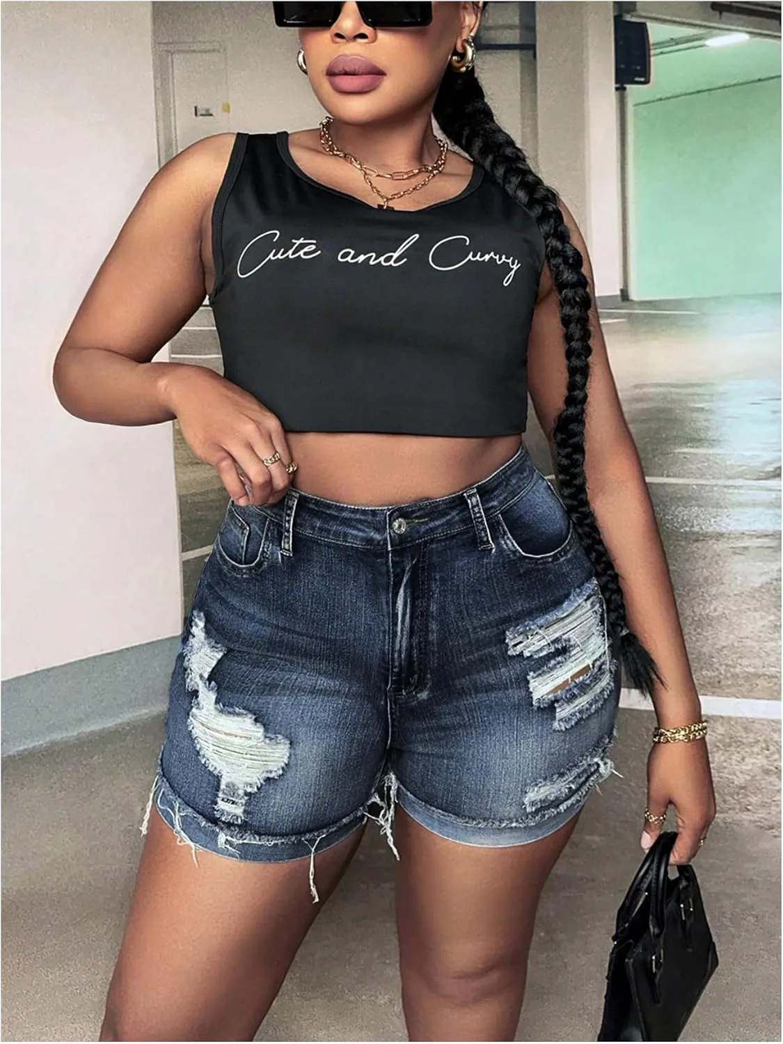 WDIRARA Women's Plus Size High Waist Button Distressed Ripped Casual Denim Shorts