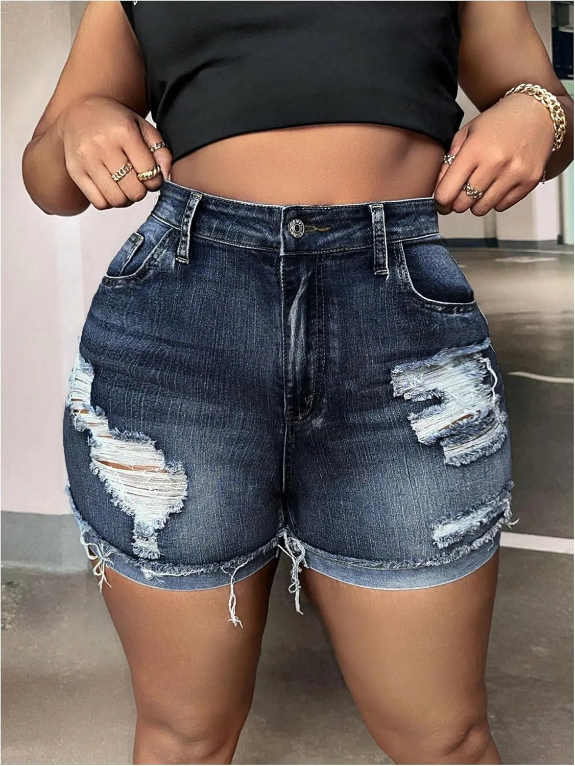 WDIRARA Women's Plus Size High Waist Button Distressed Ripped Casual Denim Shorts