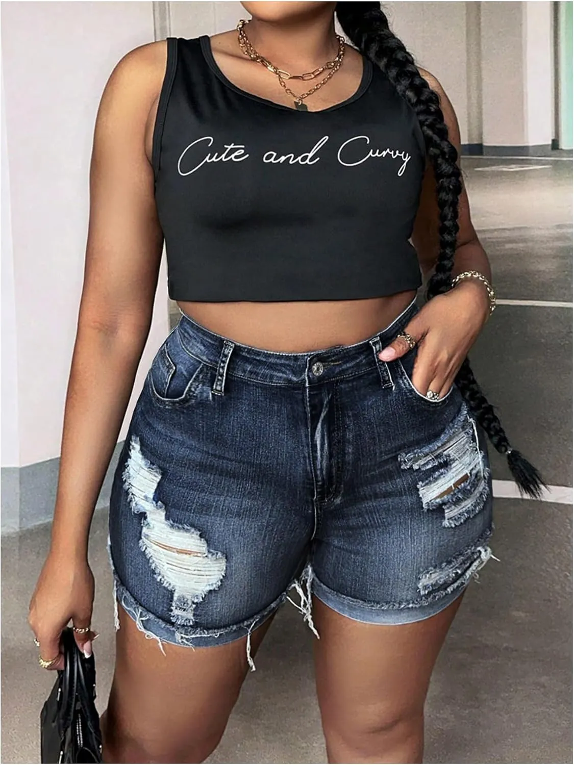 WDIRARA Women's Plus Size High Waist Button Distressed Ripped Casual Denim Shorts