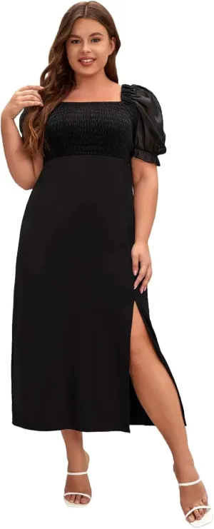 WDIRARA Women's Plus Size Square Neck Short Puff Sleeve Smocked Bodycon Long Dress