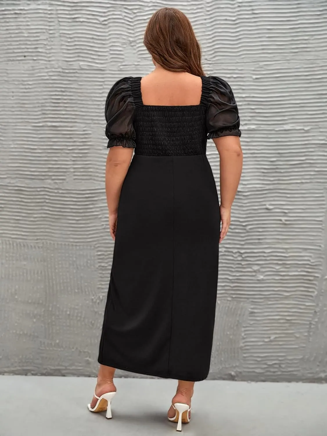 WDIRARA Women's Plus Size Square Neck Short Puff Sleeve Smocked Bodycon Long Dress