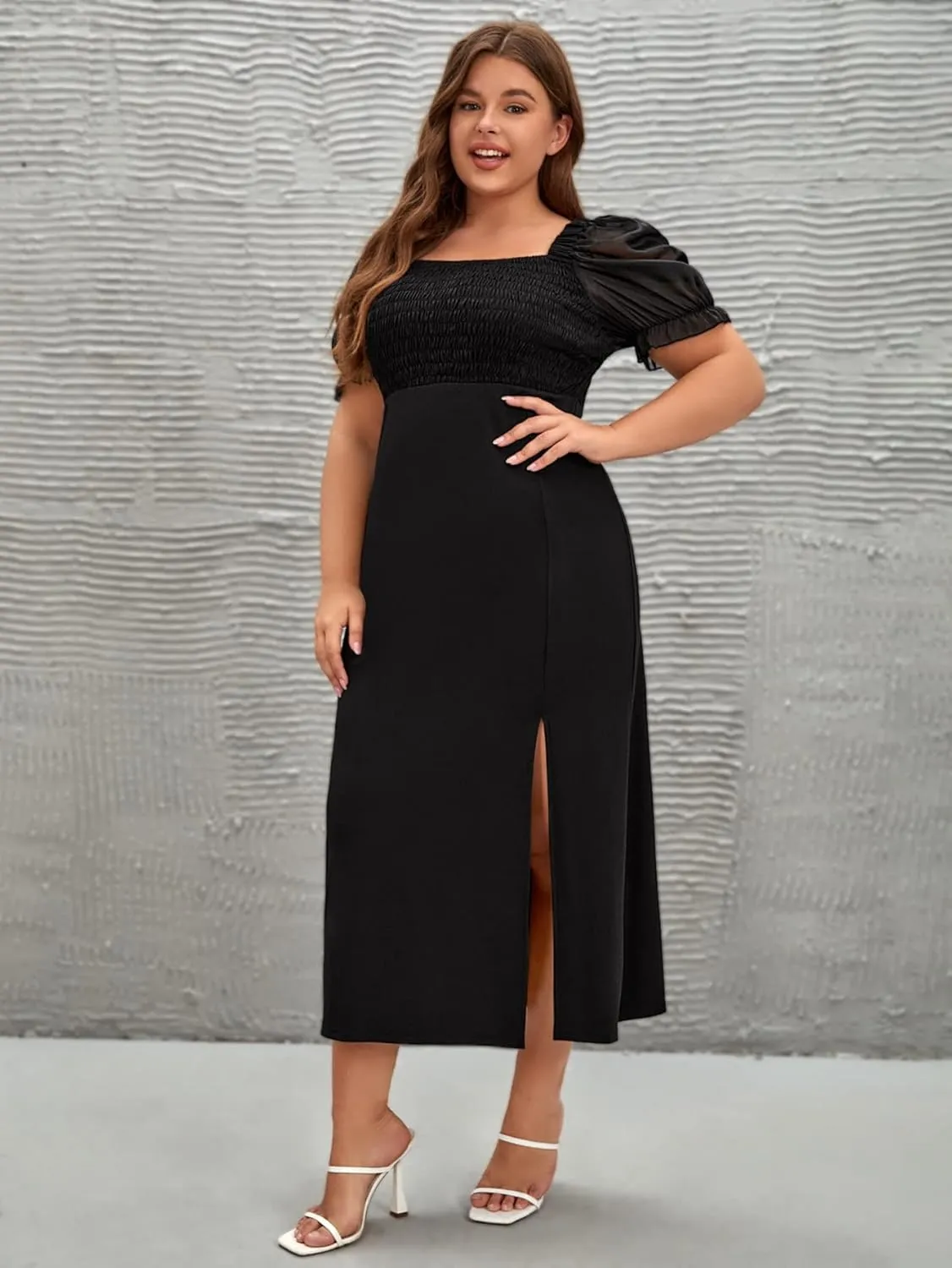 WDIRARA Women's Plus Size Square Neck Short Puff Sleeve Smocked Bodycon Long Dress