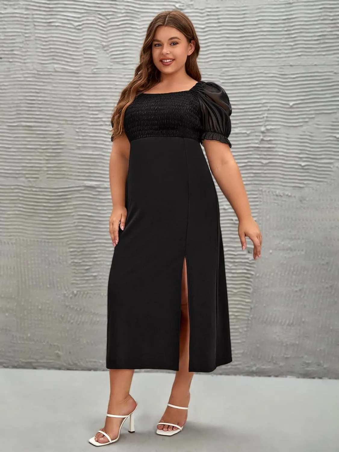 WDIRARA Women's Plus Size Square Neck Short Puff Sleeve Smocked Bodycon Long Dress