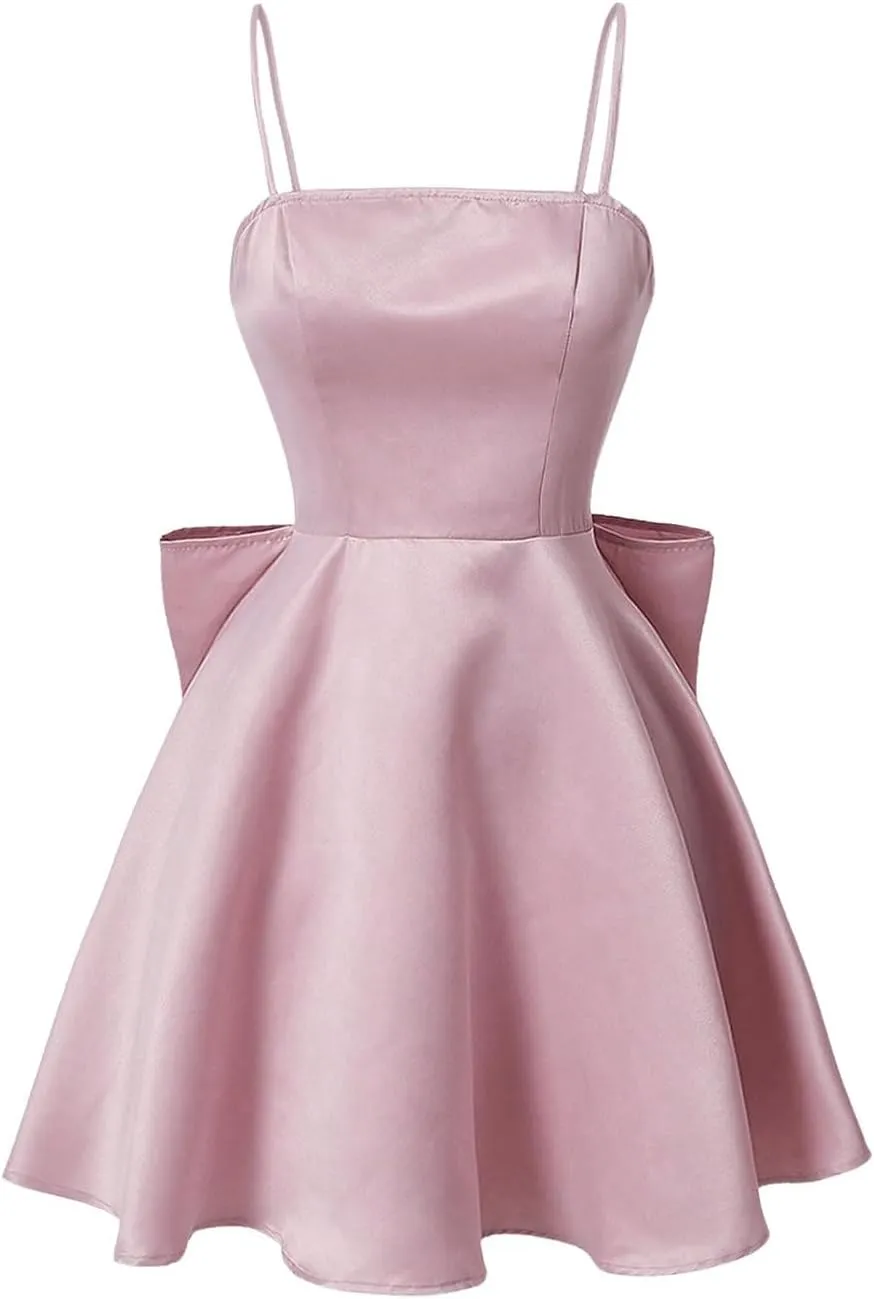 WDIRARA Women's Satin Bow Homecoming Dresses Spaghetti Strap Wedding Guest Gown Summer Mini Dress