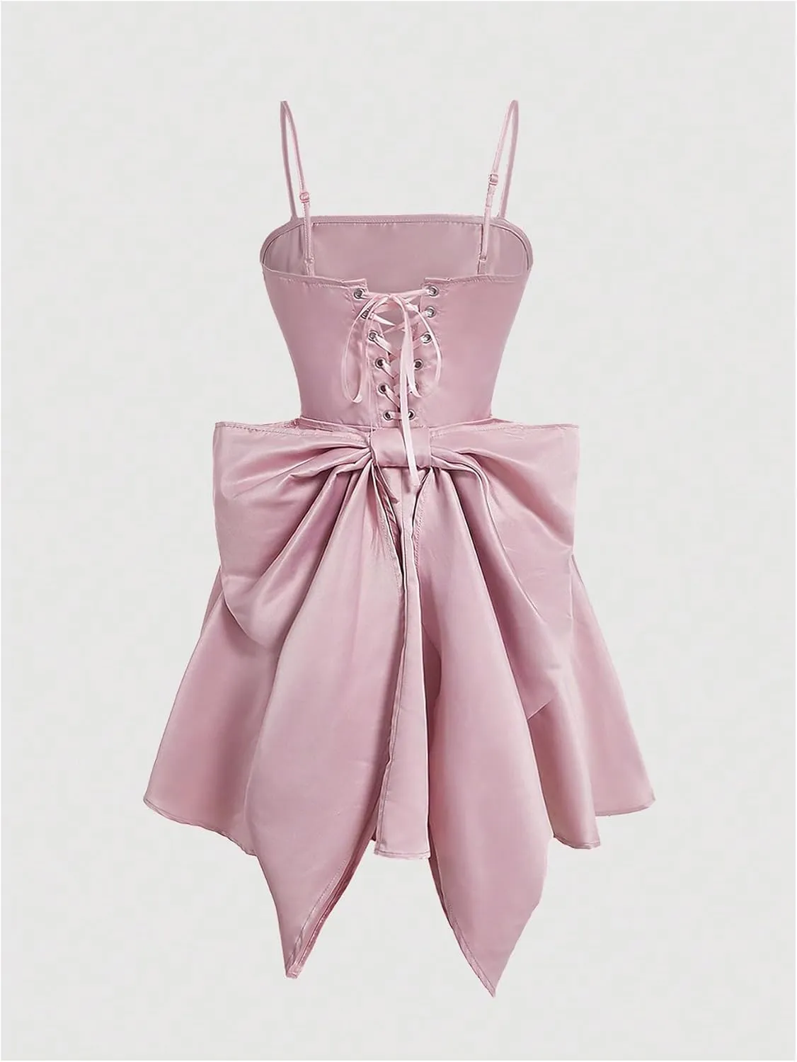 WDIRARA Women's Satin Bow Homecoming Dresses Spaghetti Strap Wedding Guest Gown Summer Mini Dress