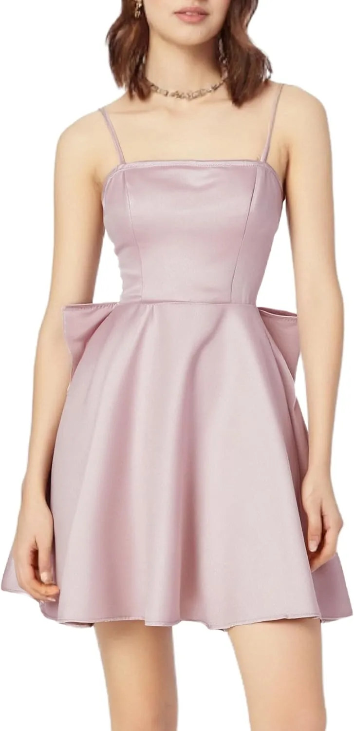 WDIRARA Women's Satin Bow Homecoming Dresses Spaghetti Strap Wedding Guest Gown Summer Mini Dress
