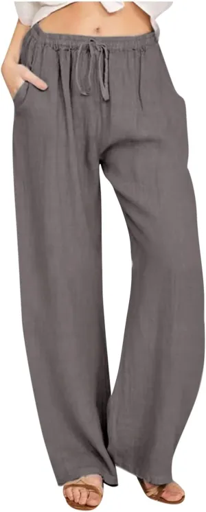 Wide Leg Pants for Women Cotton Linen Vacation Summer Pants Drawstring Elastic Waist Lounge Trousers with Pockets