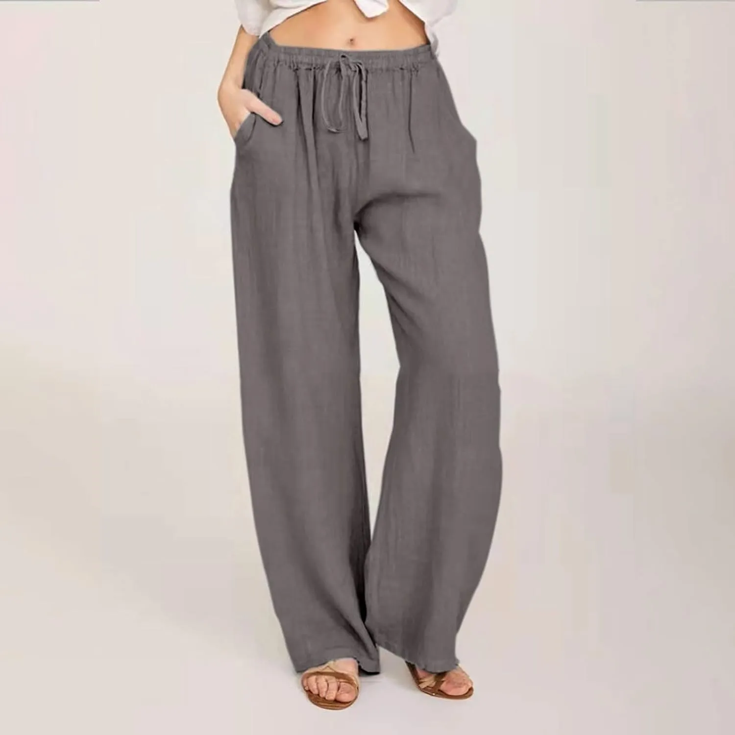 Wide Leg Pants for Women Cotton Linen Vacation Summer Pants Drawstring Elastic Waist Lounge Trousers with Pockets