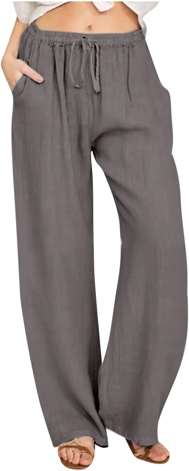 Wide Leg Pants for Women Cotton Linen Vacation Summer Pants Drawstring Elastic Waist Lounge Trousers with Pockets