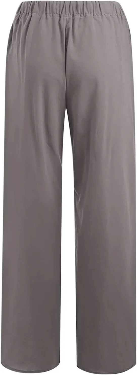 Wide Leg Pants for Women Cotton Linen Vacation Summer Pants Drawstring Elastic Waist Lounge Trousers with Pockets