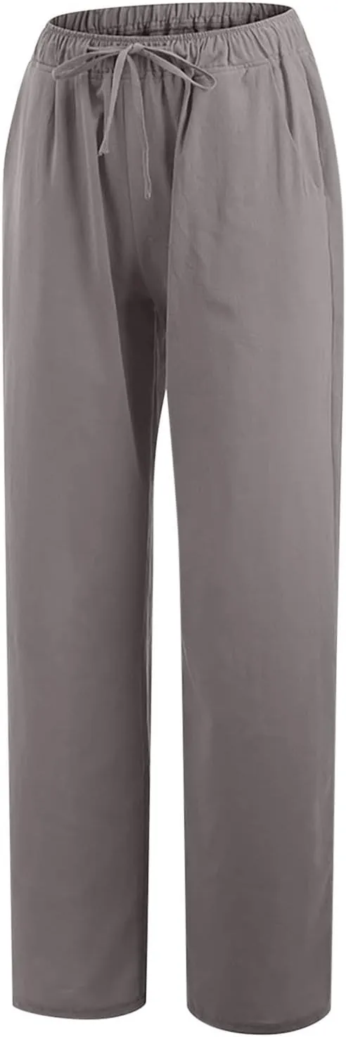 Wide Leg Pants for Women Cotton Linen Vacation Summer Pants Drawstring Elastic Waist Lounge Trousers with Pockets