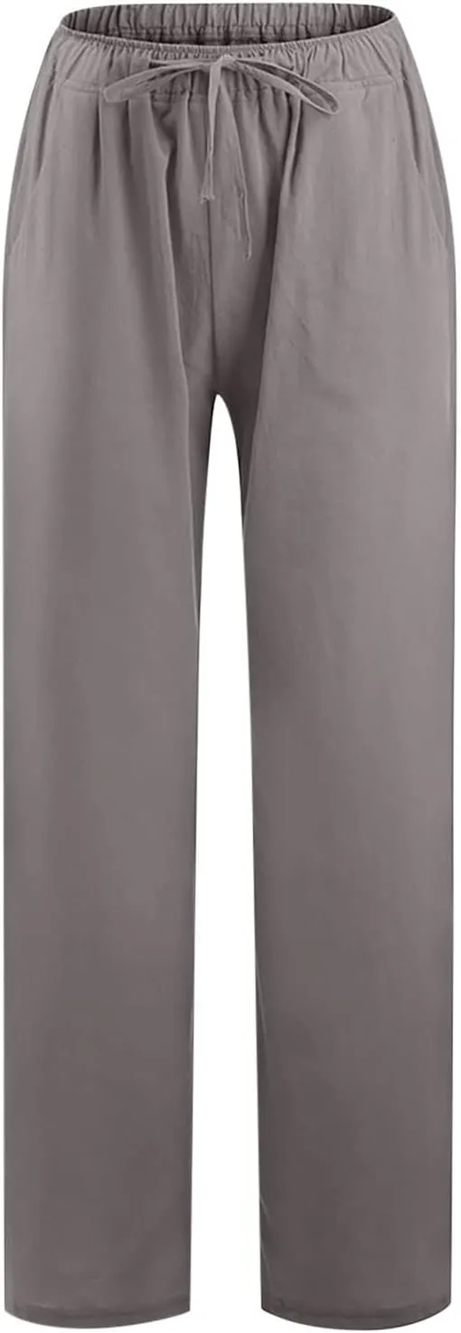 Wide Leg Pants for Women Cotton Linen Vacation Summer Pants Drawstring Elastic Waist Lounge Trousers with Pockets