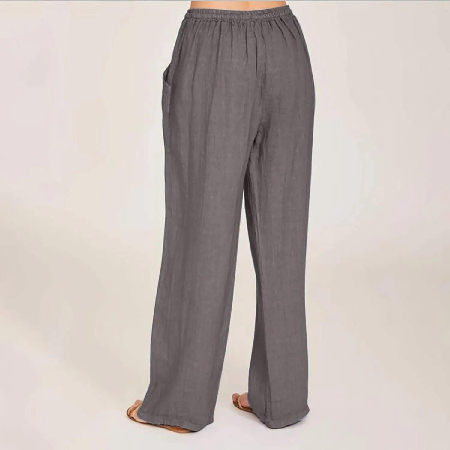Wide Leg Pants for Women Cotton Linen Vacation Summer Pants Drawstring Elastic Waist Lounge Trousers with Pockets