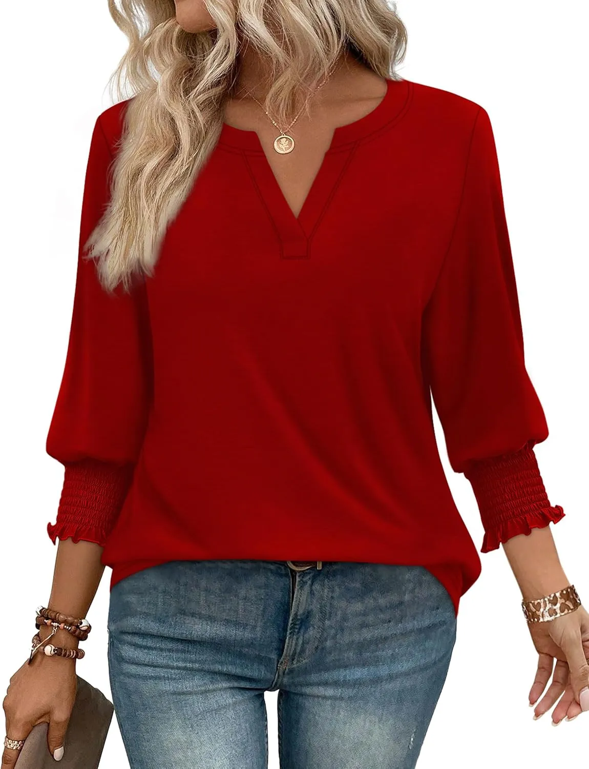 WIHOLL Blouses for Women Dressy Casual 3/4 Length Sleeve Womens Tops Trendy Summer Spring Shirts S-3XL