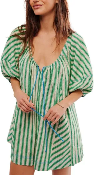 Women Casual Striped Summer Rompers Adjustable Neck Wide Leg Puff Sleeve Jumpsuits with Pockets