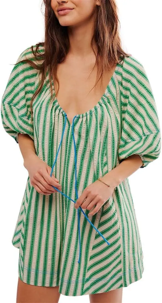 Women Casual Striped Summer Rompers Adjustable Neck Wide Leg Puff Sleeve Jumpsuits with Pockets