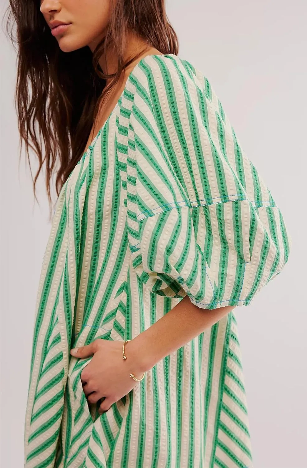 Women Casual Striped Summer Rompers Adjustable Neck Wide Leg Puff Sleeve Jumpsuits with Pockets