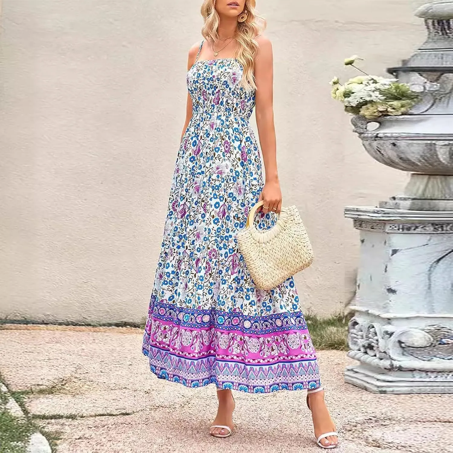 Women Cute Print Maxi Cami Dress Loose Sleeveless Spaghetti Strap Boho Dress Flowy Graffiti Long Aline Sun Dress