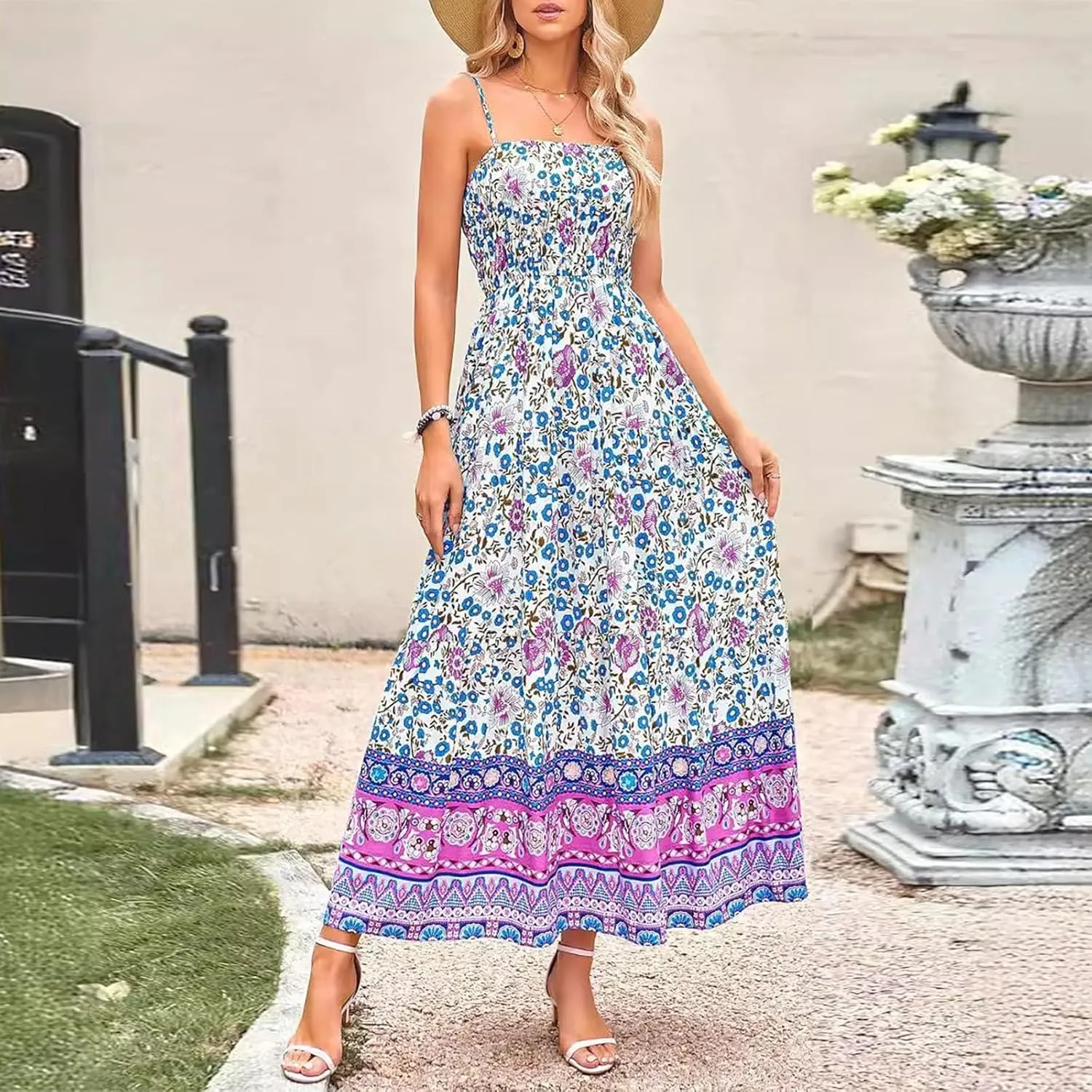 Women Cute Print Maxi Cami Dress Loose Sleeveless Spaghetti Strap Boho Dress Flowy Graffiti Long Aline Sun Dress