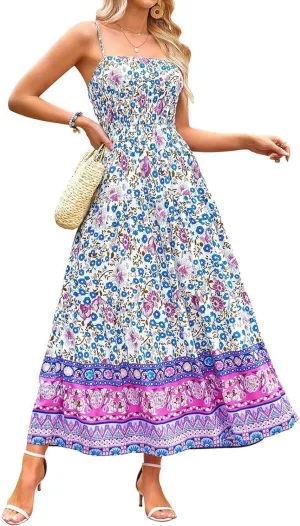 Women Cute Print Maxi Cami Dress Loose Sleeveless Spaghetti Strap Boho Dress Flowy Graffiti Long Aline Sun Dress