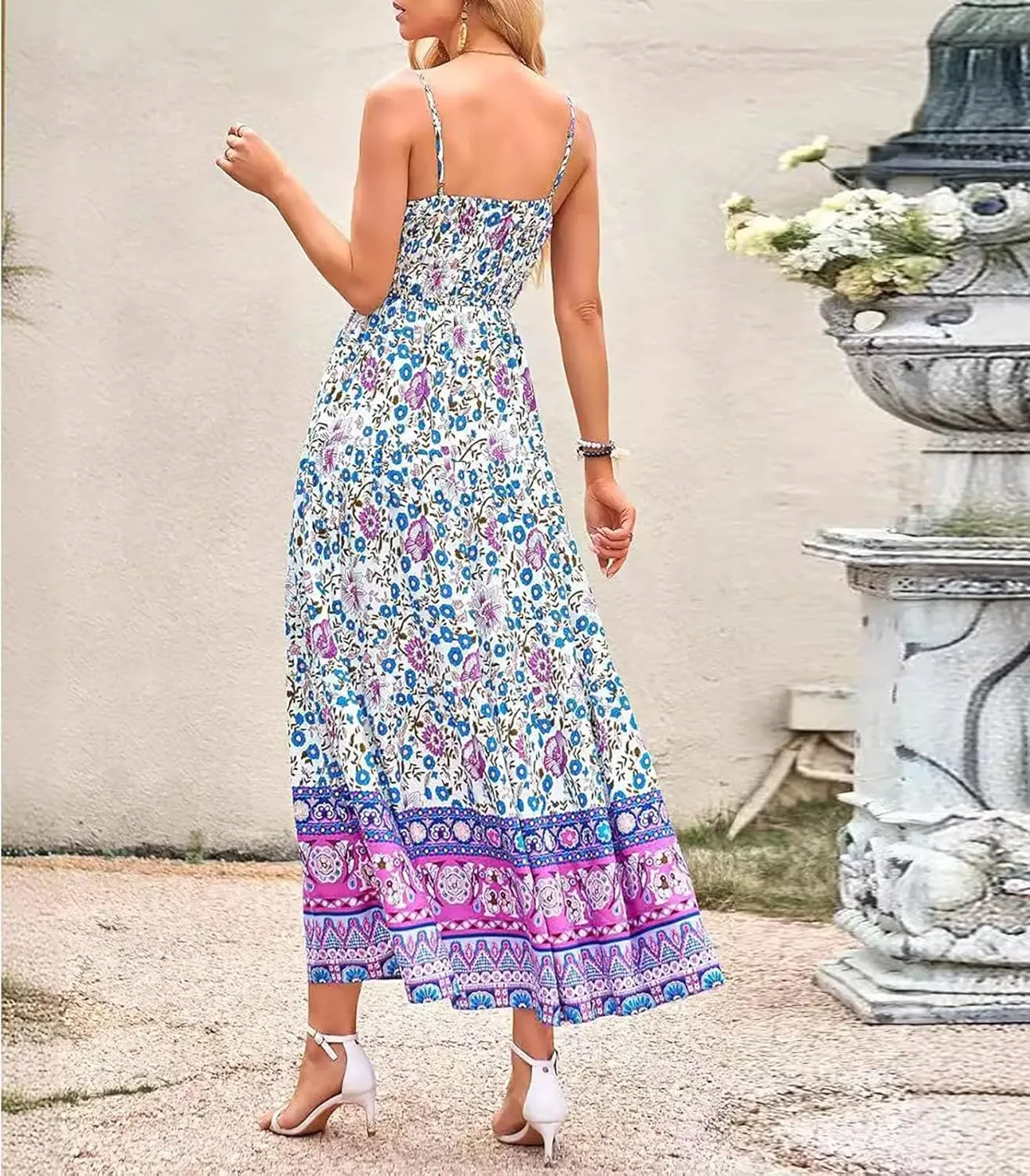 Women Cute Print Maxi Cami Dress Loose Sleeveless Spaghetti Strap Boho Dress Flowy Graffiti Long Aline Sun Dress