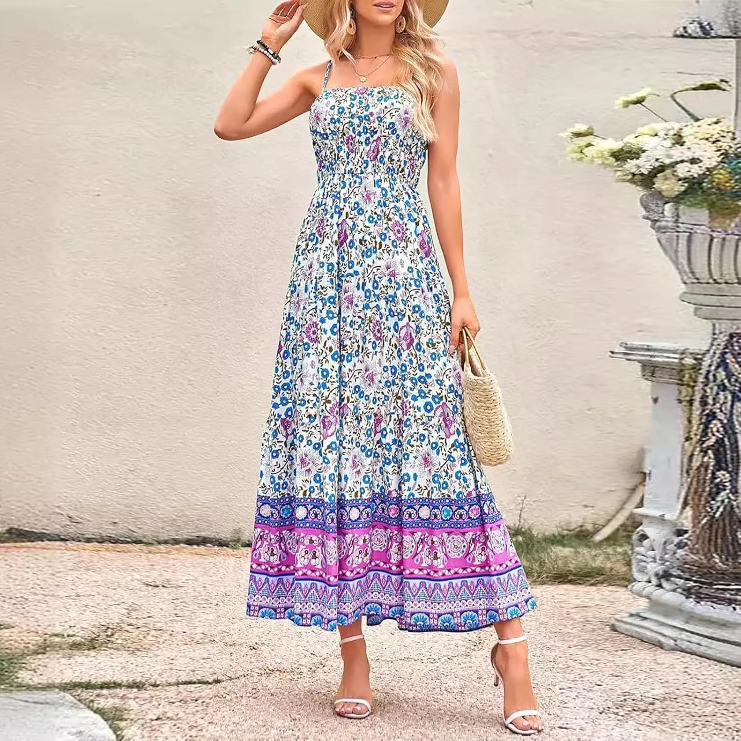 Women Cute Print Maxi Cami Dress Loose Sleeveless Spaghetti Strap Boho Dress Flowy Graffiti Long Aline Sun Dress