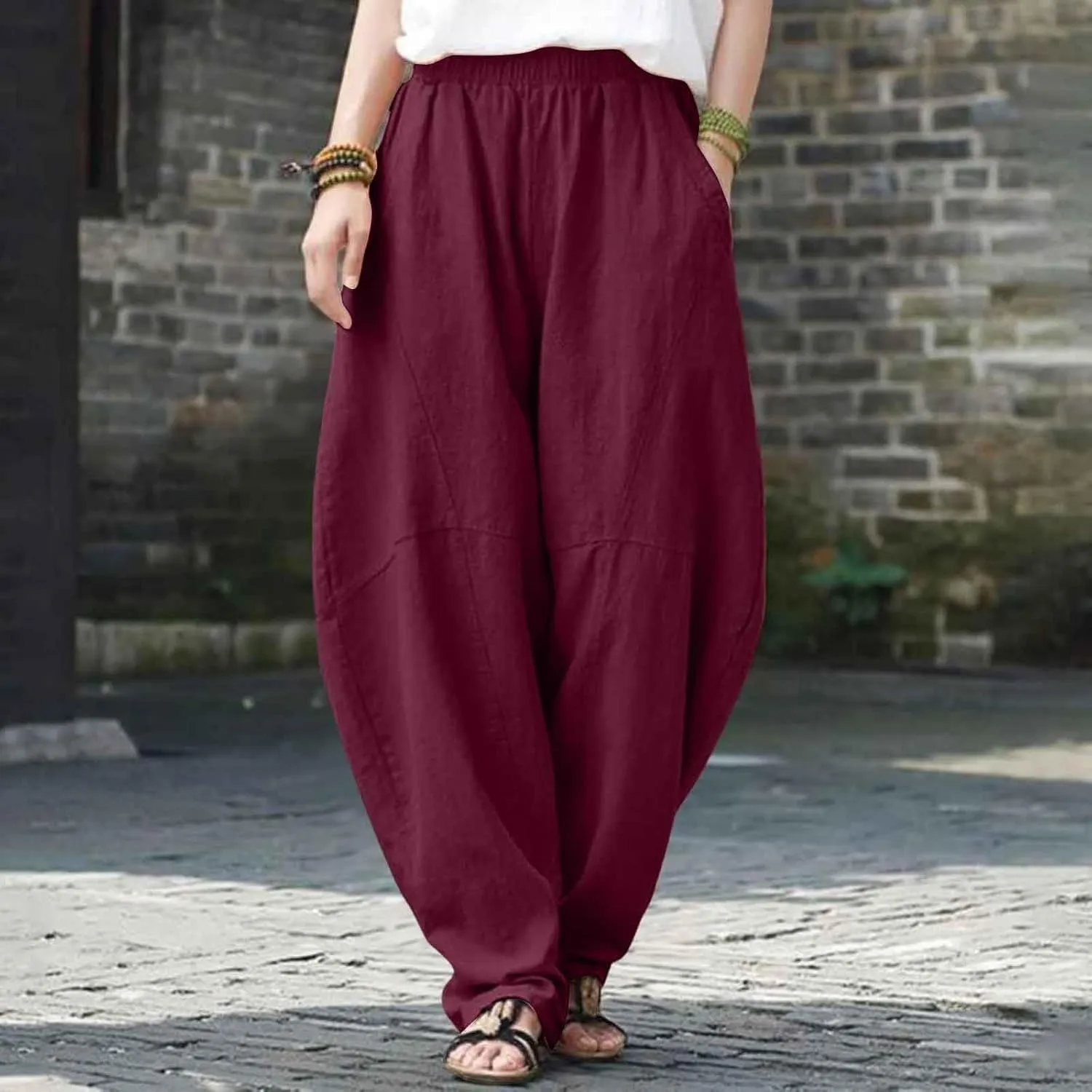 Women Fashion Solid Pocket Casual Loose Pants Spliced High Waist Trousers Wide Leg Pants for Women High Waist