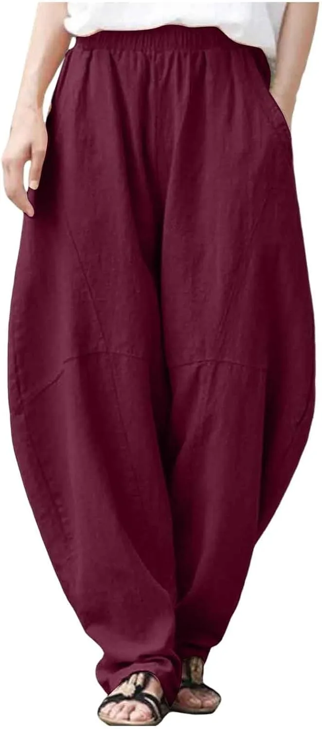 Women Fashion Solid Pocket Casual Loose Pants Spliced High Waist Trousers Wide Leg Pants for Women High Waist