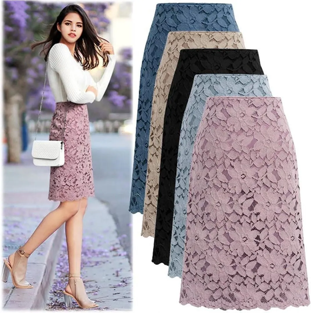 Women Lace Elegant Office Skirts Pencil Bandage Skirt Knee-Length High Waist
