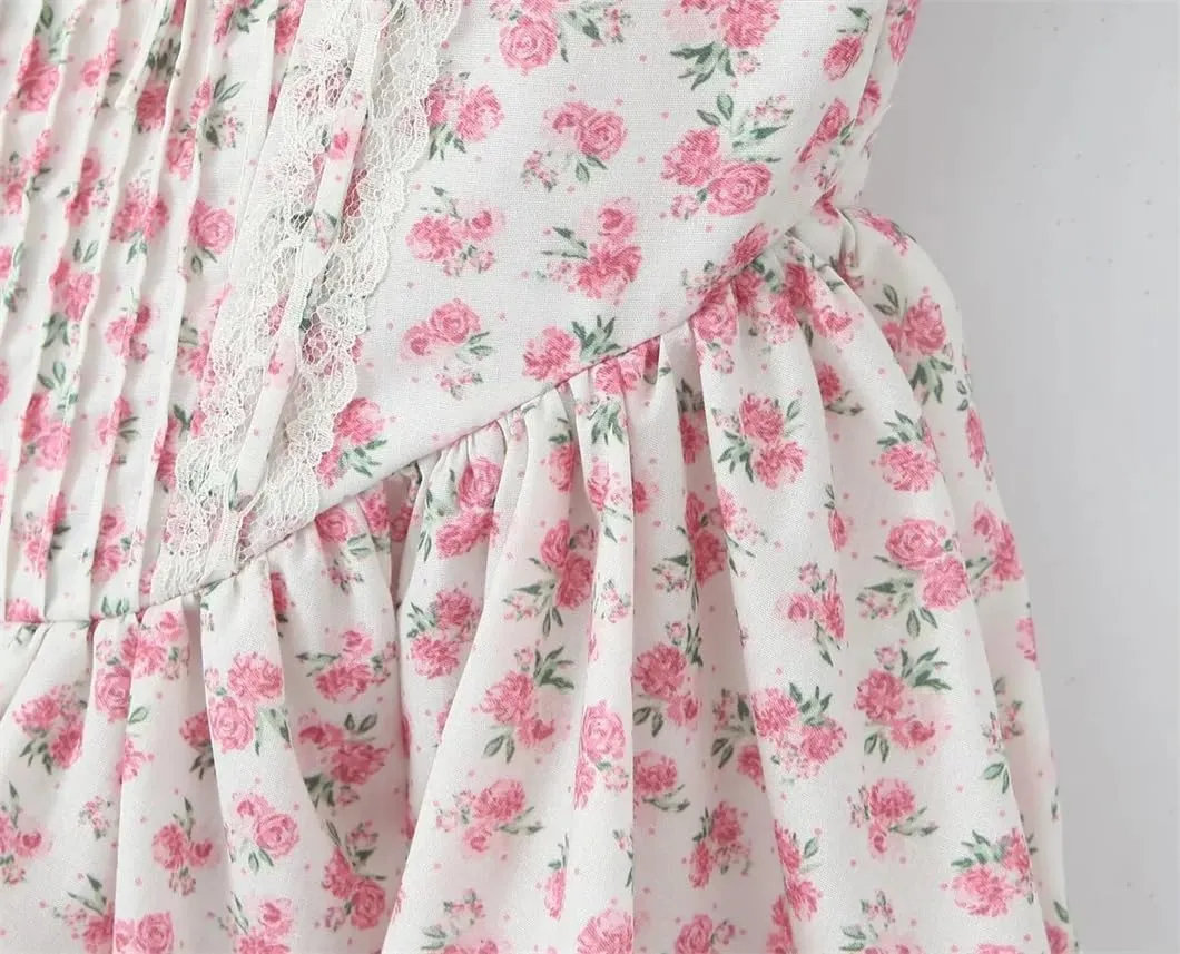 Women Lace Floral Print Mini Dress Low Waist Square Neck Party Dress Holiday Robe