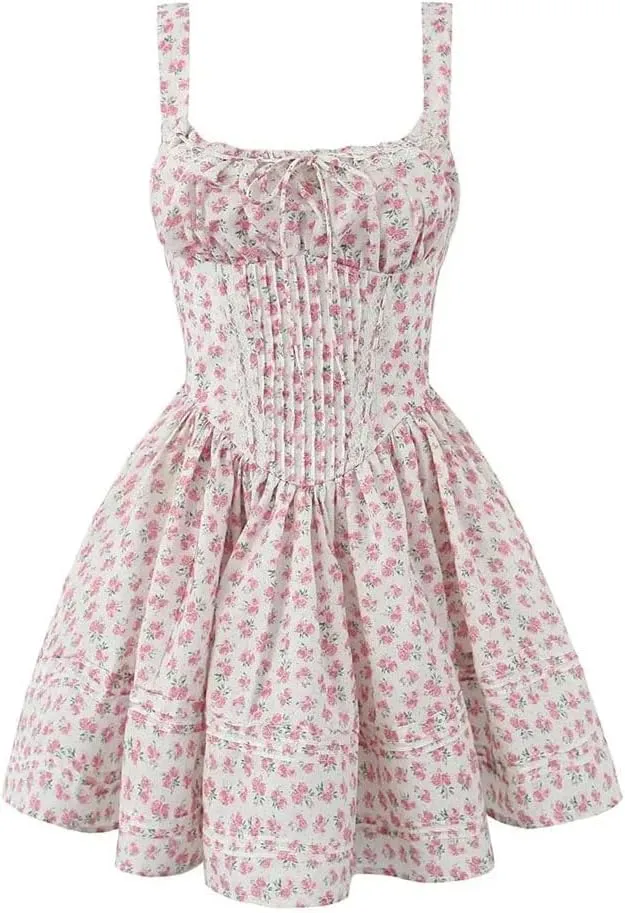 Women Lace Floral Print Mini Dress Low Waist Square Neck Party Dress Holiday Robe