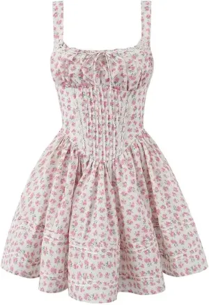 Women Lace Floral Print Mini Dress Low Waist Square Neck Party Dress Holiday Robe
